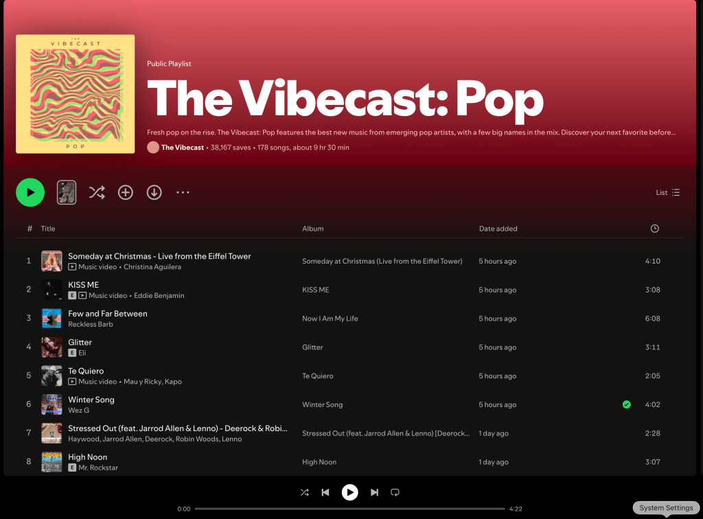 Wez G (Winter Song) on The Vibecast: Pop Spotify&nbsp;Playlist