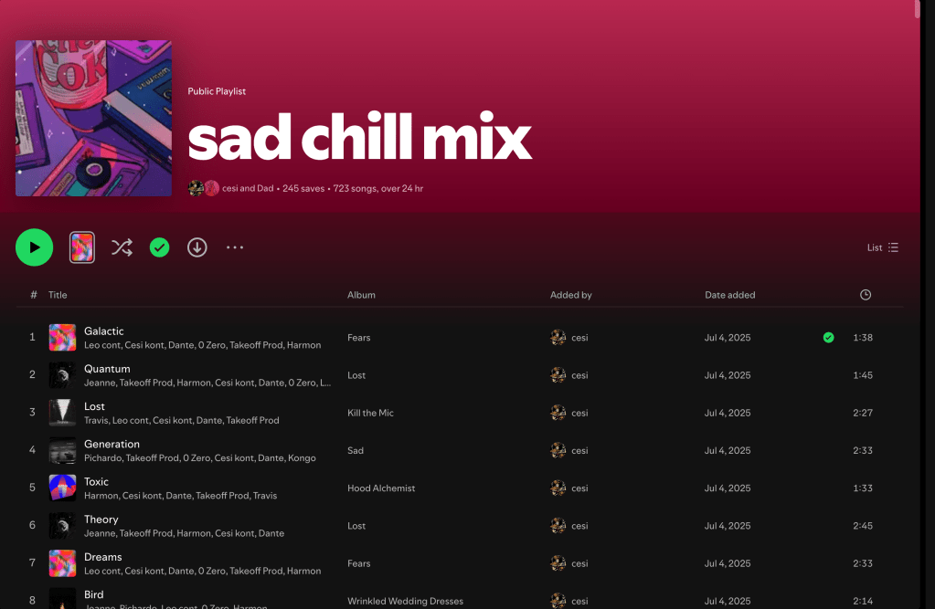 Wez G (Cold Outside) on Sad Chill Mix Spotify&nbsp;Playlist