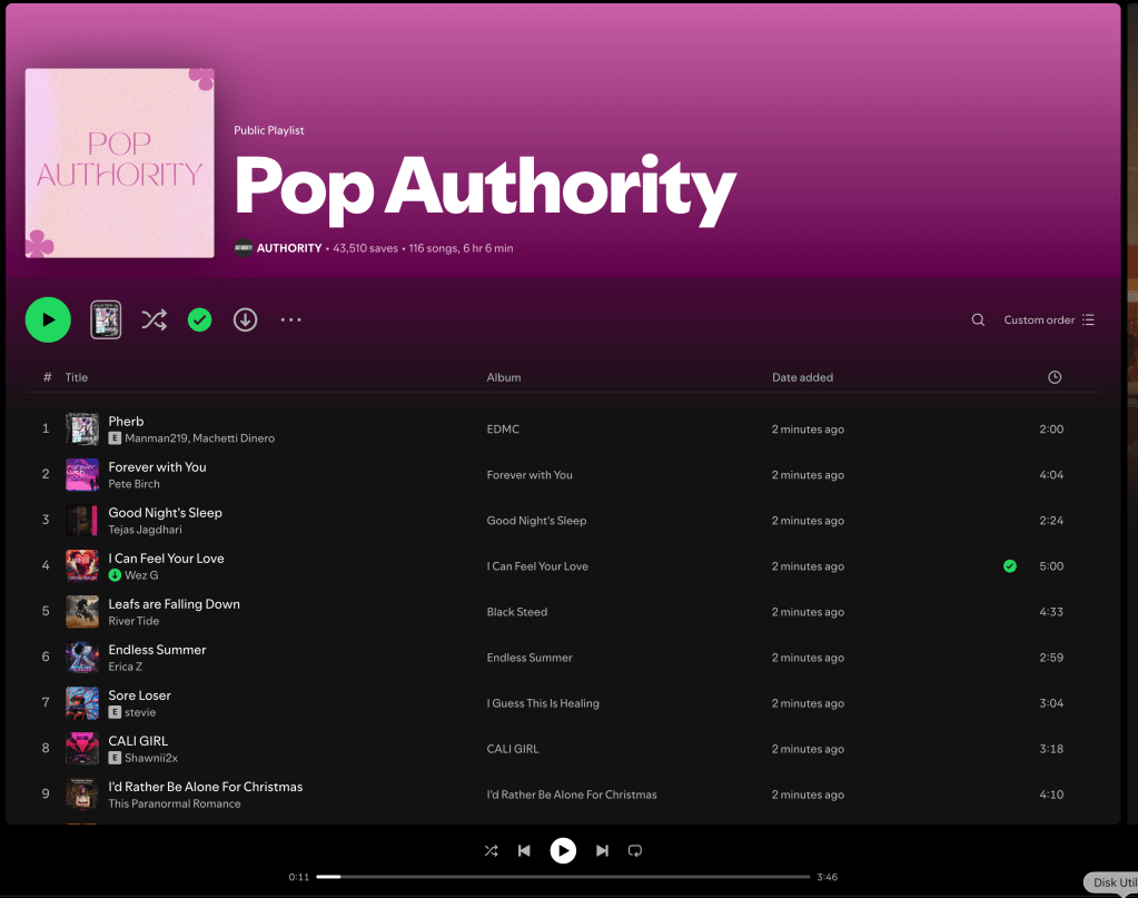 Wez G (I Can Feel Your Love) on Pop Authority Spotify&nbsp;Playlist