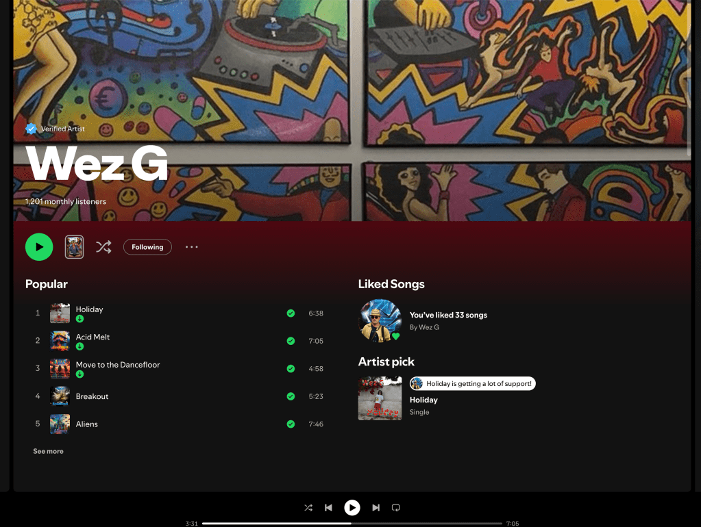 Over 1000 Streams for Wez G on&nbsp;Spotify