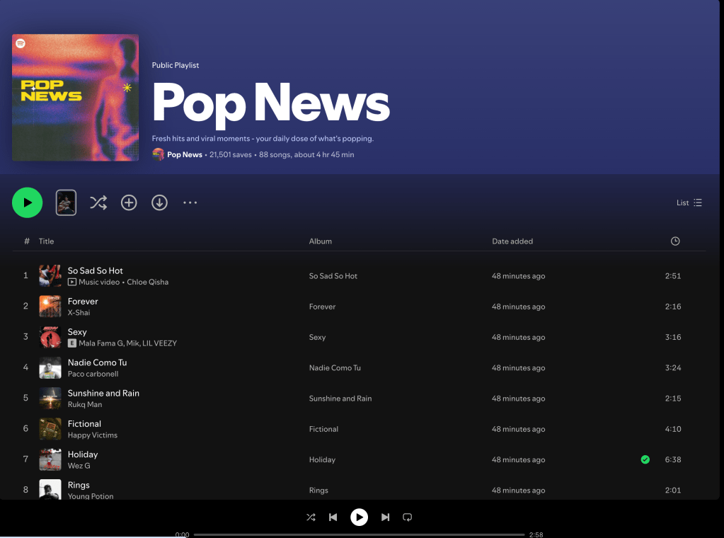 Wez G (Holiday) on Pop News Spotify&nbsp;Playlist