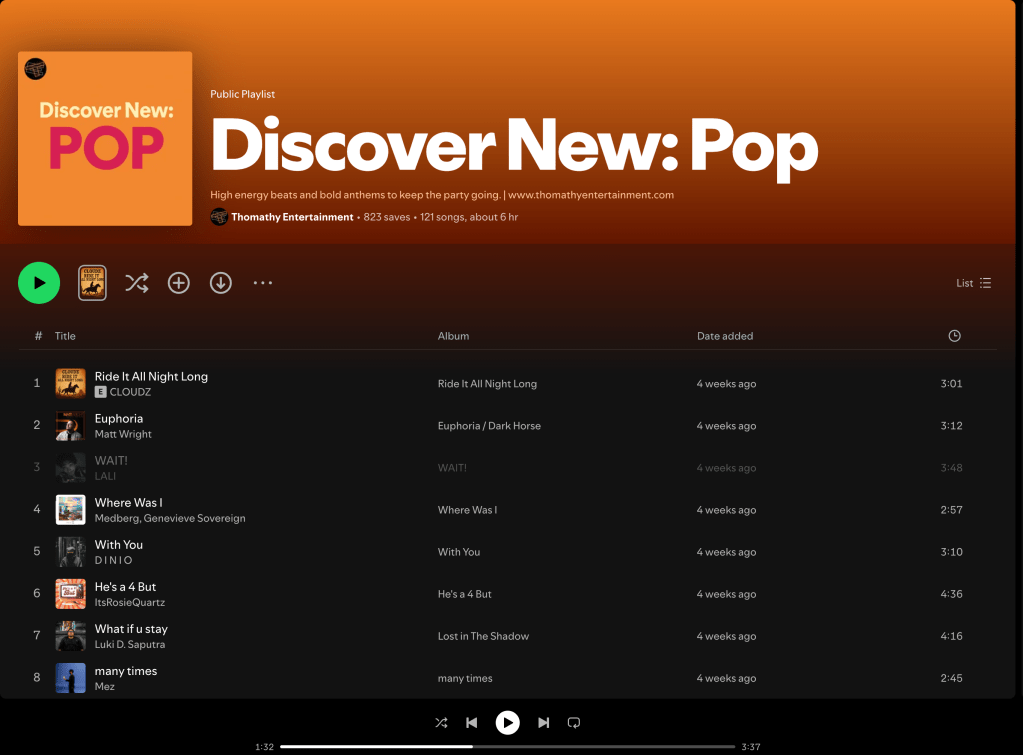 Wez G (Winter Song) on Discover New: Pop Spotify&nbsp;Playlist
