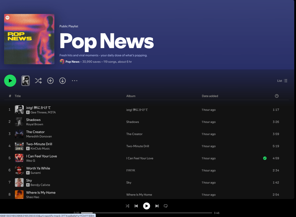 Wez G (I Can Feel Your Love) on Pop News Spotify&nbsp;Playlist