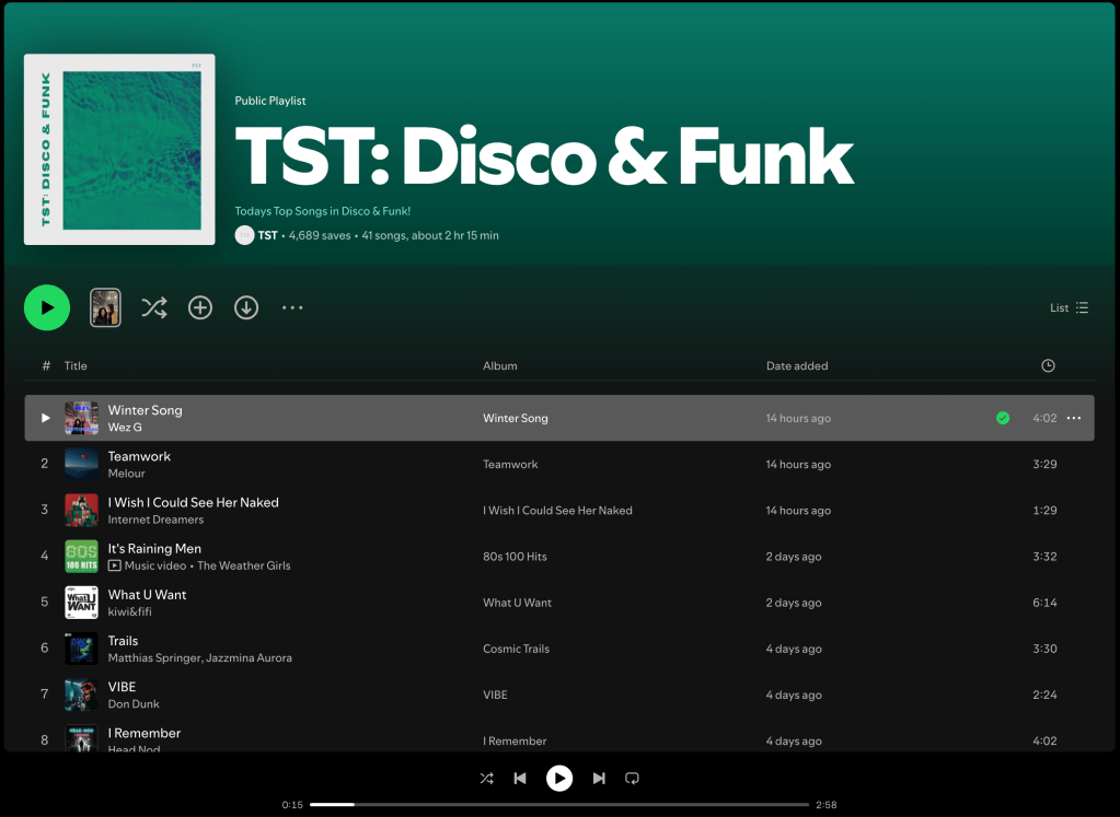 Wez G (Winter Song) on TST: Disco & Funk Spotify&nbsp;Playlist