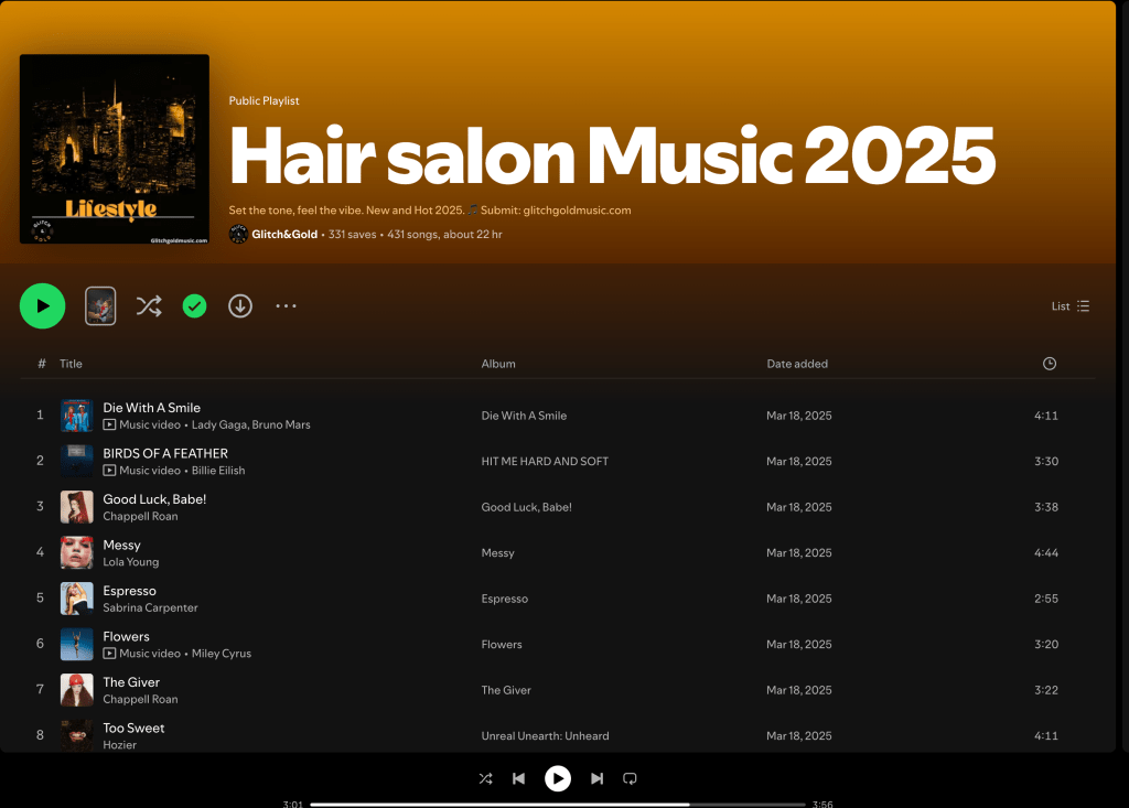 Wez G (I Can Feel Your Love) on Hair Salon Music 2025 Spotify&nbsp;Playlist