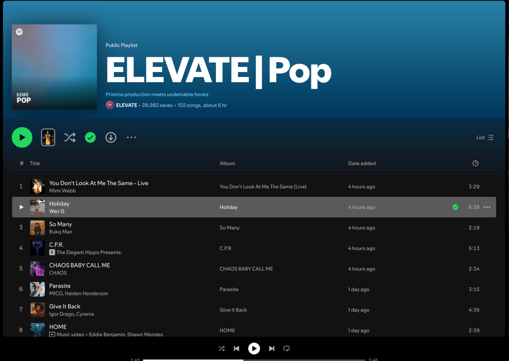 Wez G (Holiday) on Elevate Pop Spotify&nbsp;Playlist