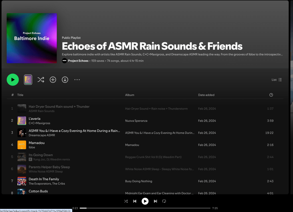 Wez G (Cold Outside) on Echoes of ASMR Rain Sounds & Friends Spotify&nbsp;Playlist
