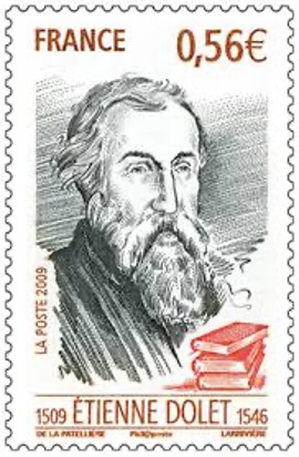French postage stamp featuring Étienne Dolet, a 16th-century translator, with a portrait and the inscription 'FRANCE 0,56€ 1509 ÉTIENNE DOLET 1546' alongside images of books.