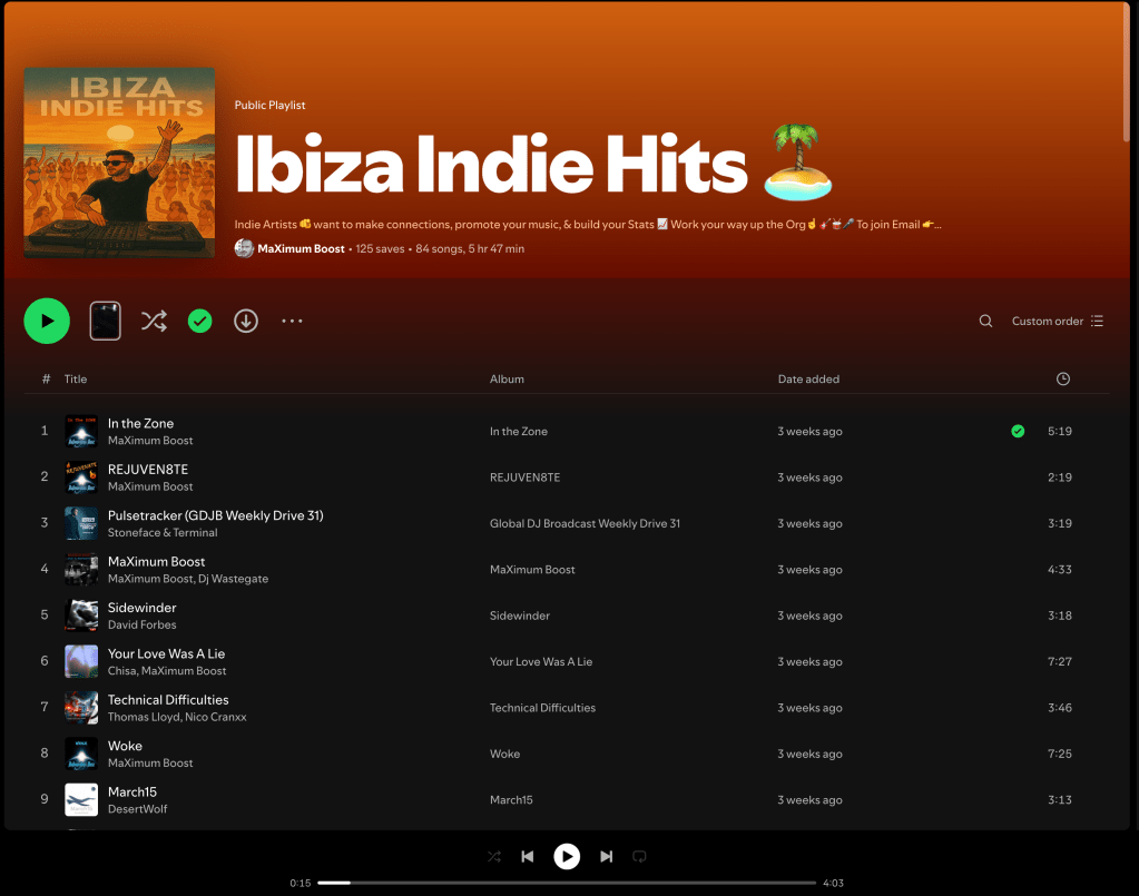 Wez G (I Can Feel Your Love) on Ibiza Indie Hits Spotify&nbsp;Playlist