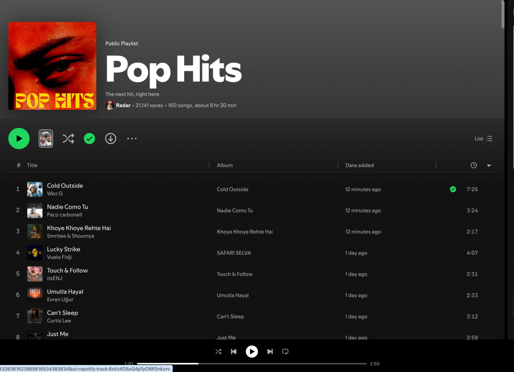 Wez G (Cold Outside) on Pop Hits Spotify&nbsp;Playlist