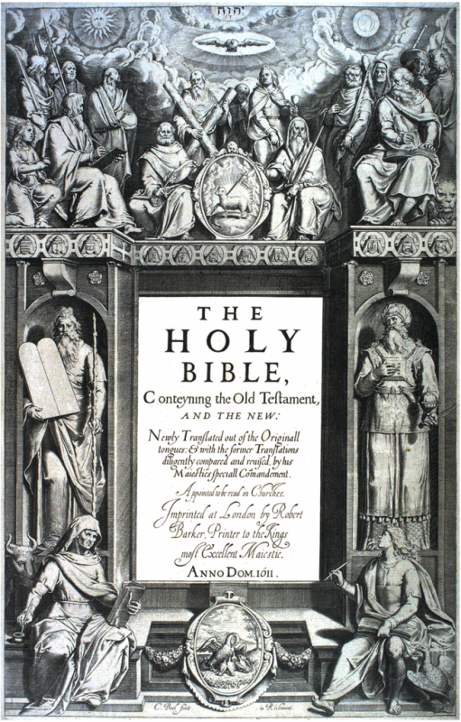 Title page of the 1611 first edition of the Authorized Version Bible, featuring ornate illustrations and biblical figures.