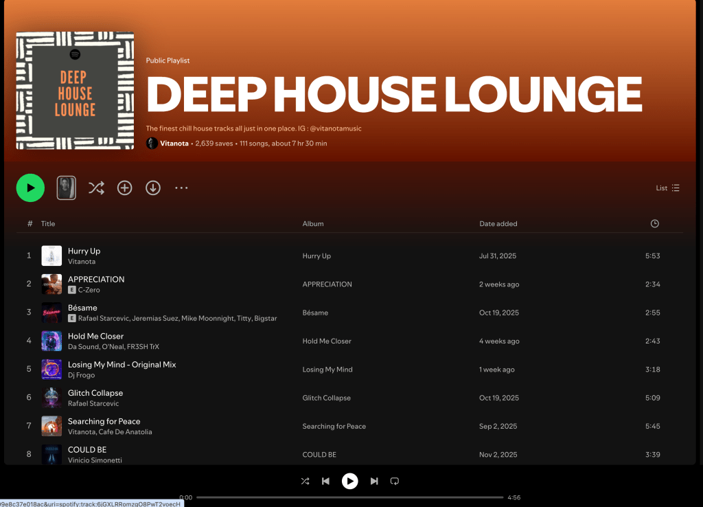 Wez G (I Can Feel Your Love) on Deep House Lounge Spotify&nbsp;Playlist