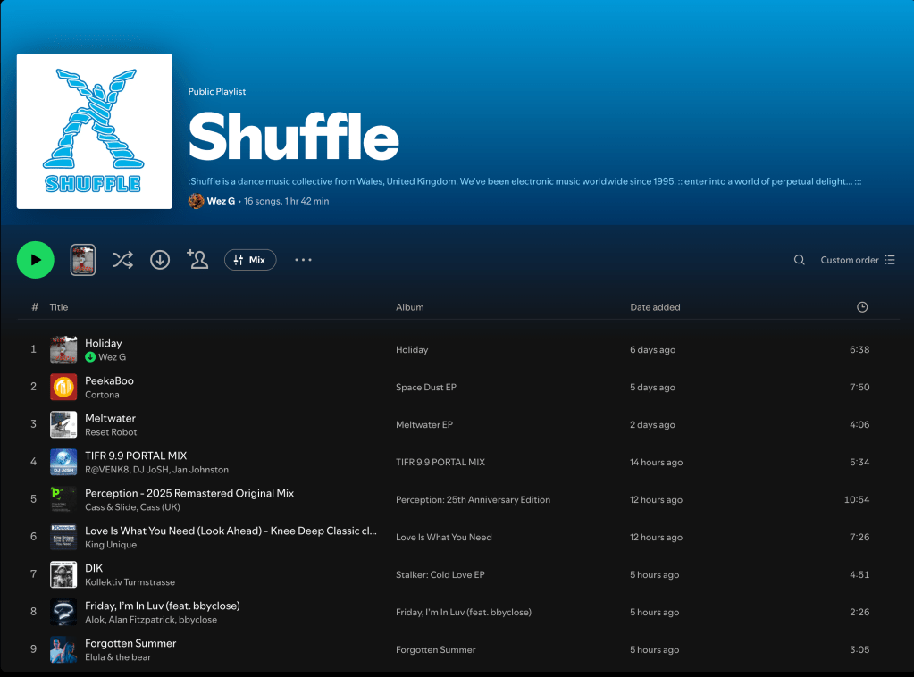 Shuffle Spotify Playlist – curated by Wez G – Drop me your track now for inclusion:&nbsp;wezg@wezg.co.uk