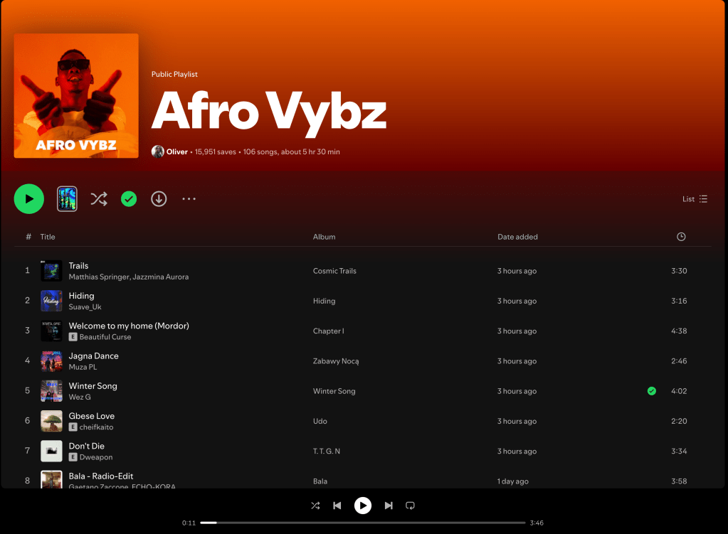 Wez G (Winter Song) on Afro Vybz Spotify&nbsp;Playlist