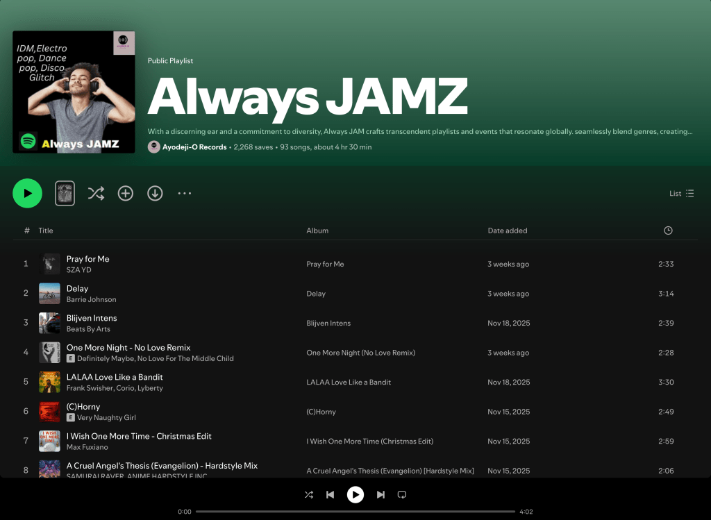 Wez G (Winter Song) on Always JAMZ Spotify&nbsp;Playlist