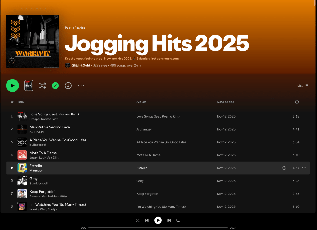 Wez G (Winter Song) on Jogging Hits 2025 Spotify&nbsp;Playlists