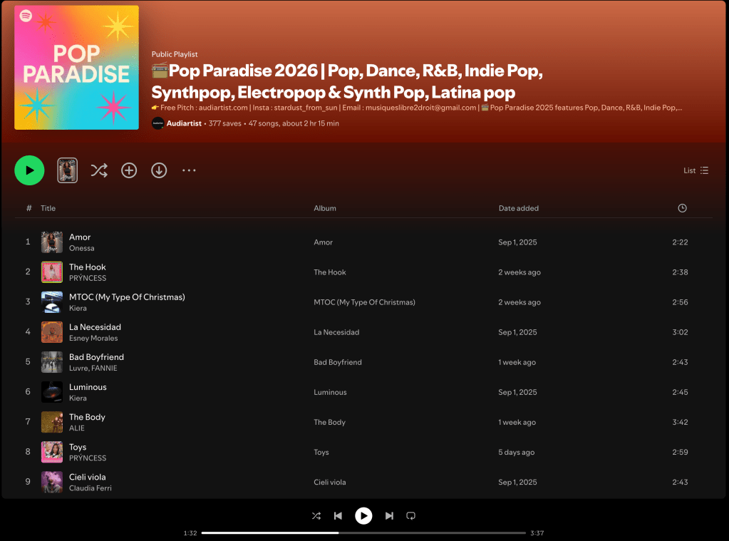 Wez G (Winter Song) on Pop Paradise 2026 Spotify&nbsp;Playlist