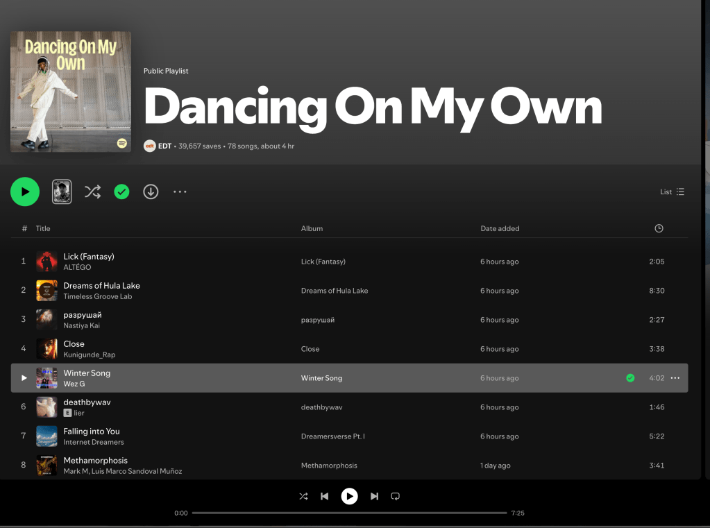 Wez G (Winter Song) on Dancing On My Own Spotify&nbsp;Playlist