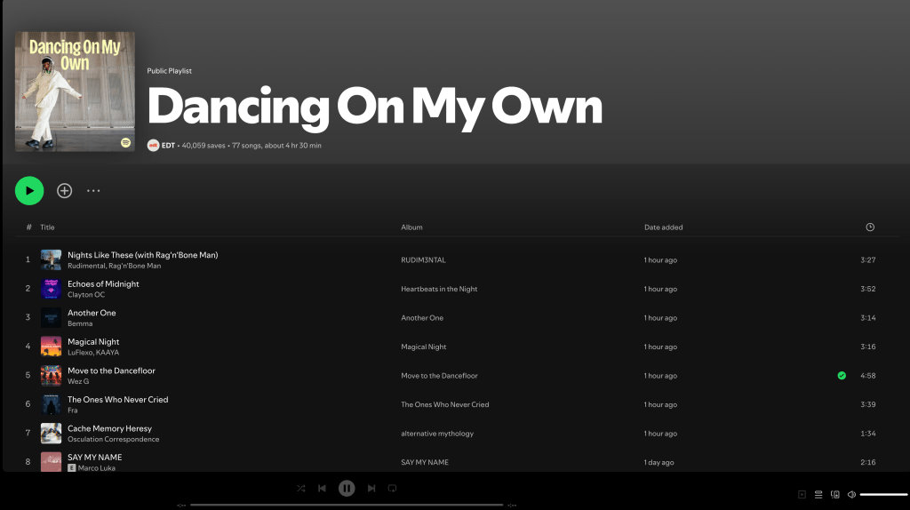 Wez G (Move To The Dancefloor) on Dancing On My Own Spotify&nbsp;Playlist