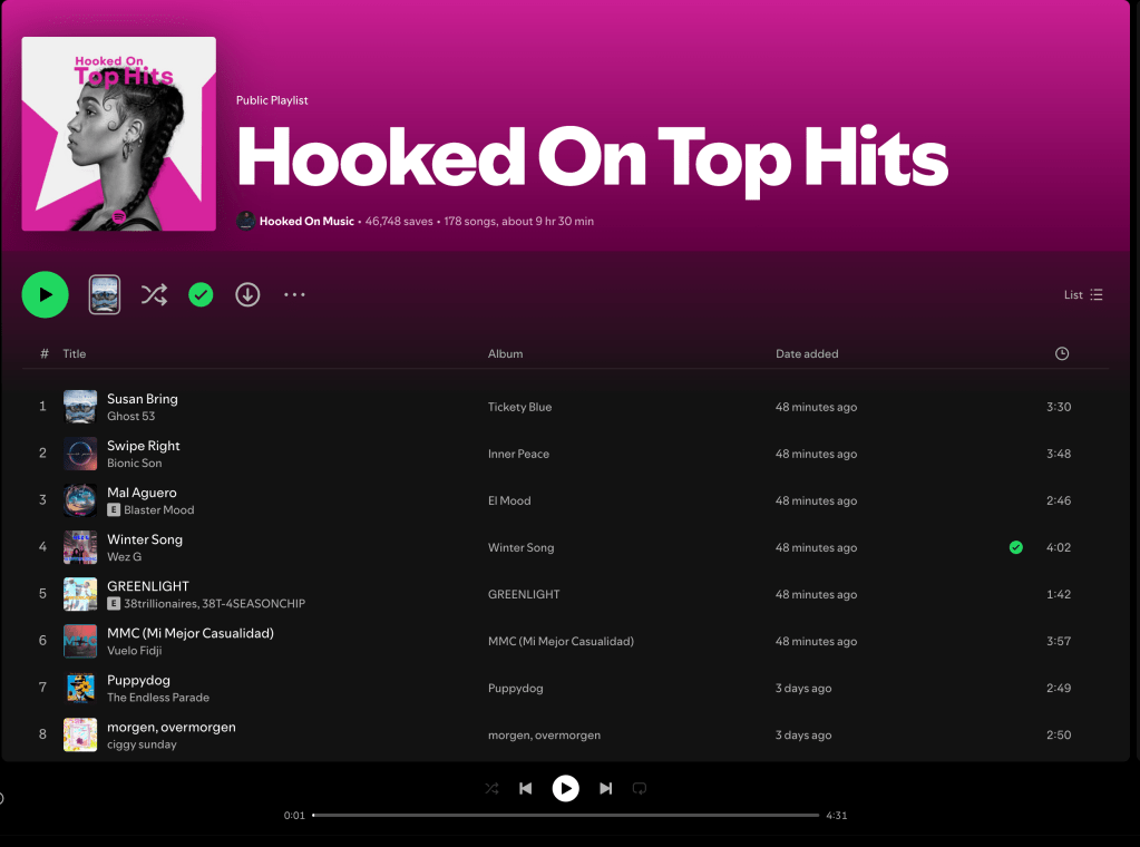 Wez G (Winter Song) on Hooked On Top Hits Spotify&nbsp;Playlist