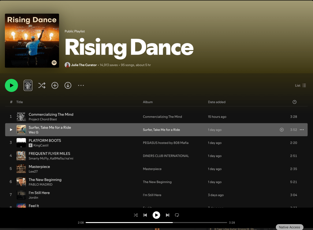 Wez G (Surfer, Take Me For A Ride) on Rising Dance Spotify Playlist