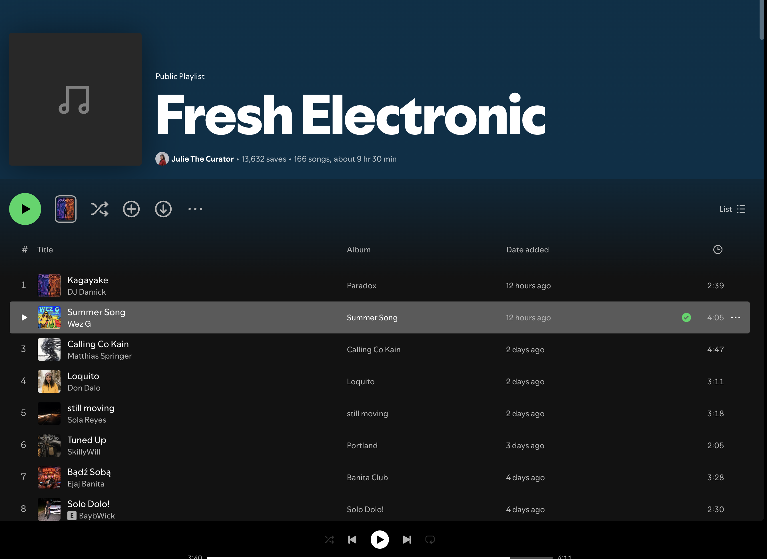 Wez G (Summer Song) on Fresh Electronic Spotify Playlist