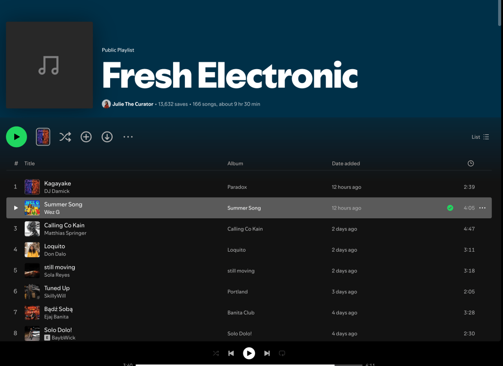 Wez G (Summer Song) on Fresh Electronic Spotify&nbsp;Playlist