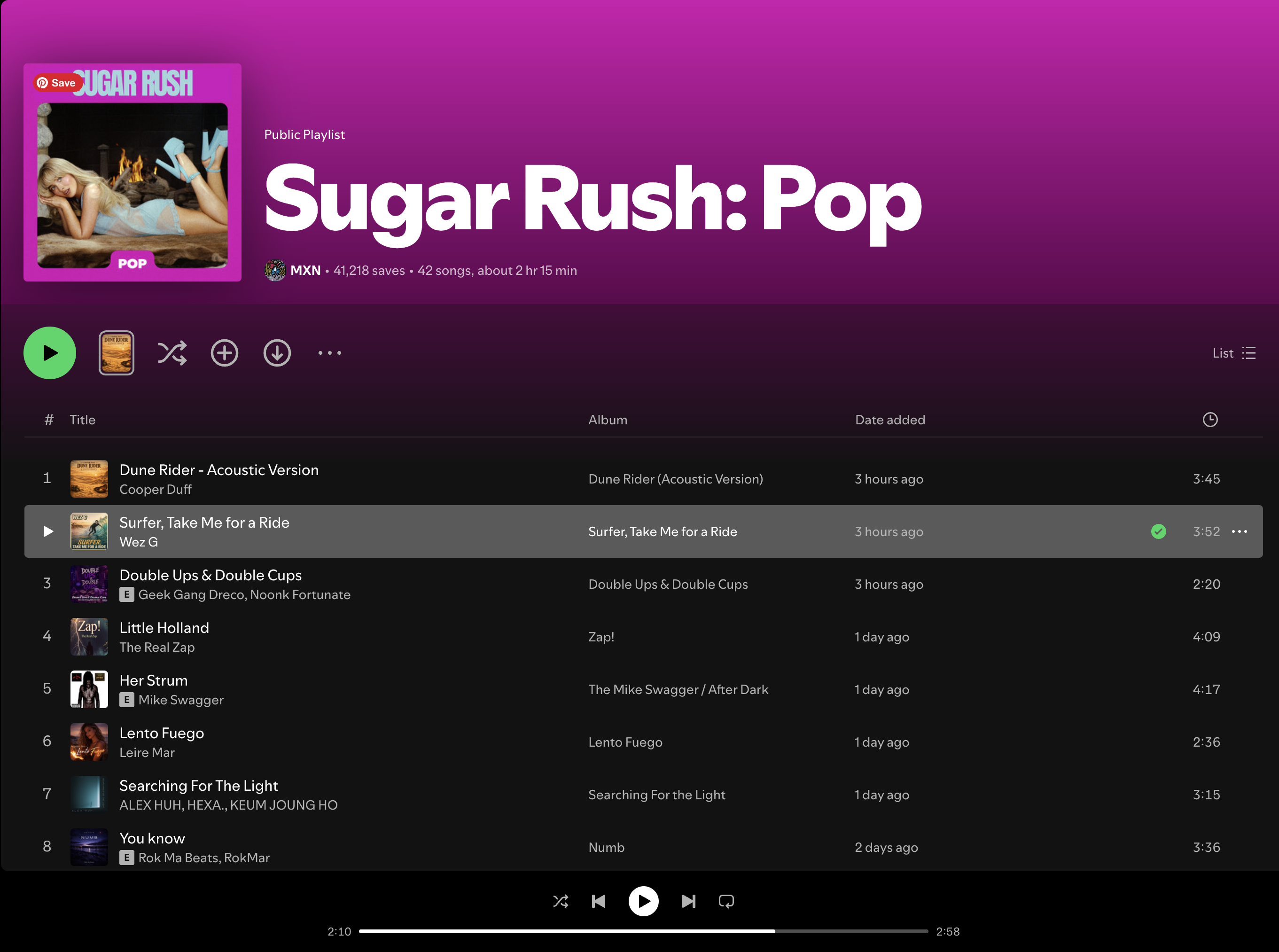 Wez G ( Surfer, Take Me For A Ride) on Sugar Rush: Pop Spotify Playlist