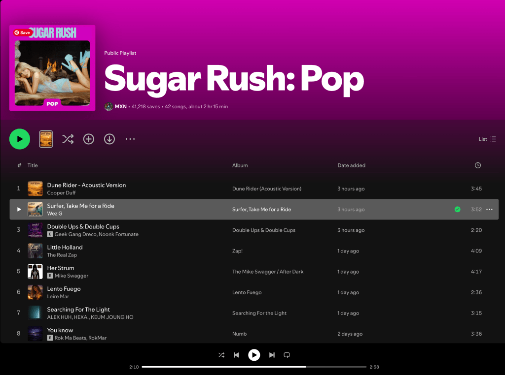 Wez G ( Surfer, Take Me For A Ride) on Sugar Rush: Pop Spotify&nbsp;Playlist